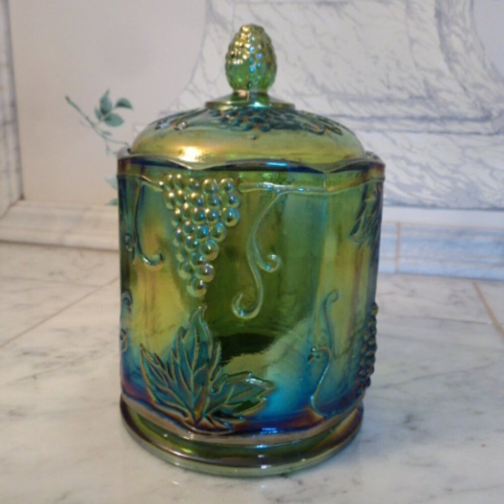 Indiana Iridescent Green Carnival Glass lidded jar canister